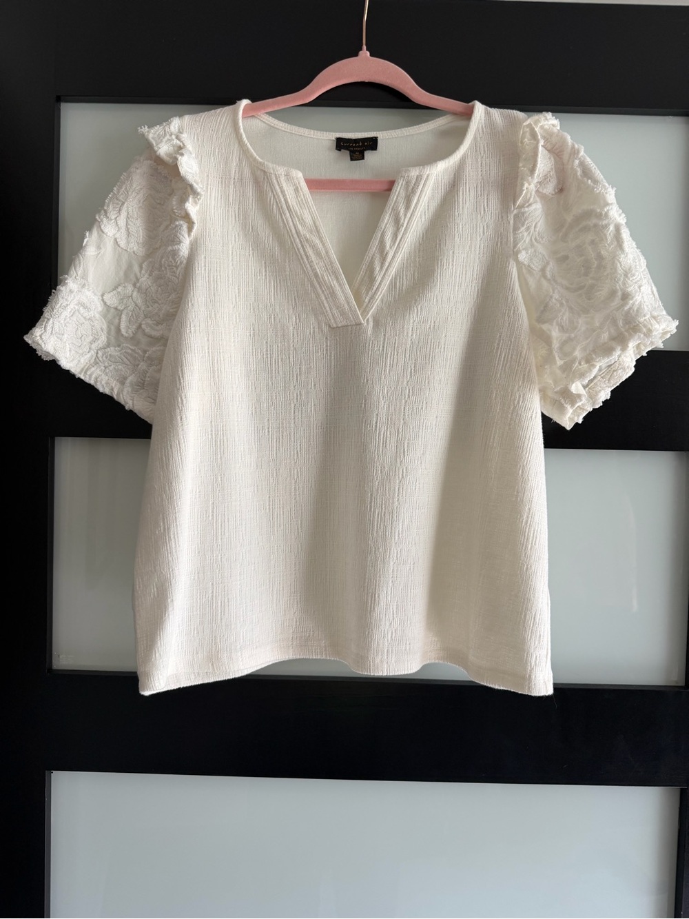 Anthropologie Current Air Ivory Textured V-Notch Top with Lace Puff Sleeves